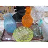 Orange Glass Jug, having yellow twist handle, 29cm high. yellow glass bowl, etc:- One Tray.