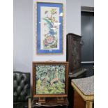 Oriental - Needlework of Exotic Bird on Silk, 62 x 27cm. Fire screen with needlework panel featuring