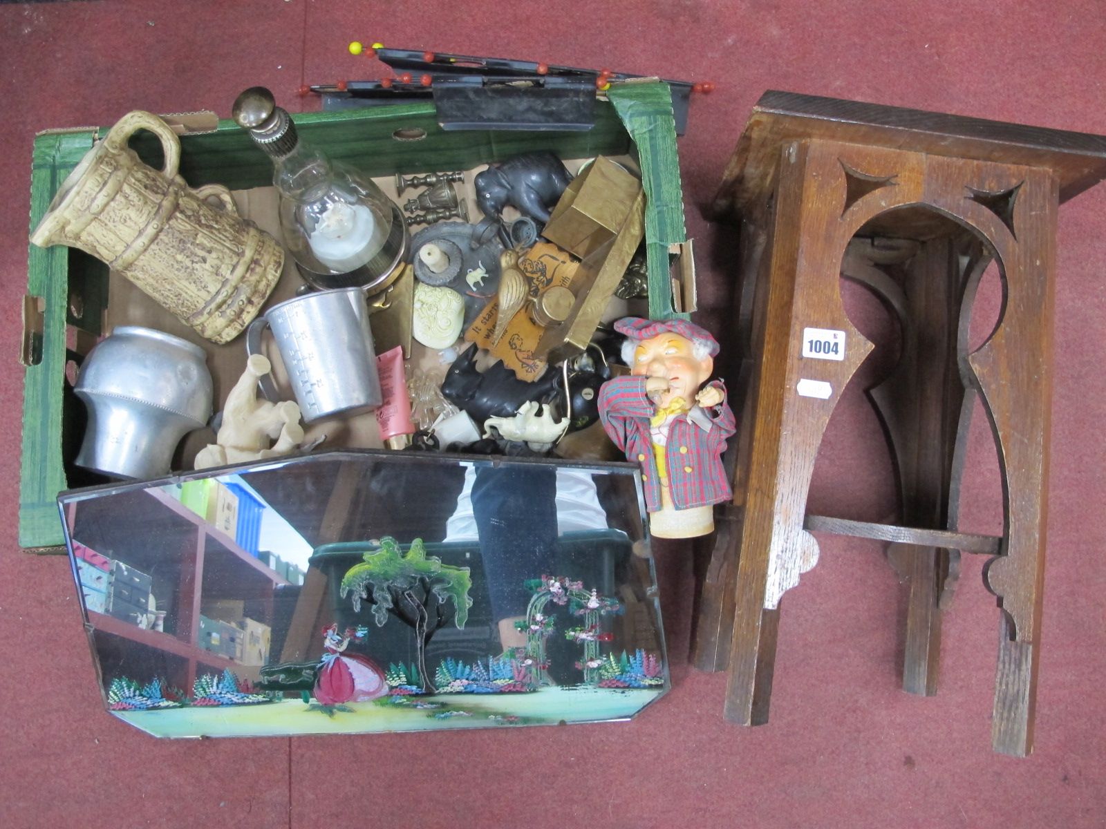 Mirror, 'Beer Barrel Folk' musical bottle, model elephants, DBGM cigarette box, wall tidies, etc:-