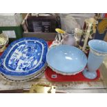 Wedgwood Embossed Bowl and Vase, Doulton Old Leeds Sprays jug, Staffordshire tea pot etc:- One Tray,