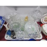 Cut Glass Tazza, lidded bowls, rose bowl, fruit bowl, Wedgwood jasperware vase, etc:- One Tray.