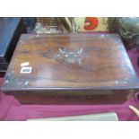 A XIX Century Rosewood Work Box, with brass and mother of pearl inlay featuring birds and foliage,