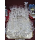 Stuart Glenco Decanter and Thirty Glasses, plus four others:- One Tray.