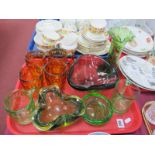 Mid XX Century Glass Triform Bowls, 1937 commemorative tankards in green and amber glass etc:- One