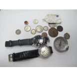 Roamer and Nelson Gents Wristwatches, Stesco compass, coinage.