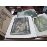 A folder of Unframed Prints, XVIII Century coloured print of Newby Hall, Yorkshire, etc.
