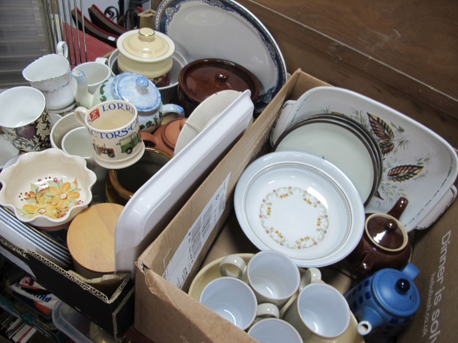 Denby Pottery and casserole, teapots, Le Creuset kettle, kitchen ware:- Three Boxes.