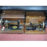 Bradbury Company Sewing Machine, in mahogany case, another by Singer.