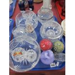Mdina Glass Mushroom Paperweights, Brierley jam pot, other glassware:- One Tray.