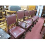 A Set of Five, XVII Century Style Oak Dining Chairs, with upholstered back and seat with stud