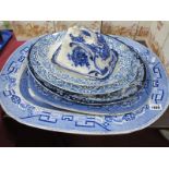 Willow Pattern Blue & White Meat Plate, 56cm wide, another smaller, three oval, cheese dish and