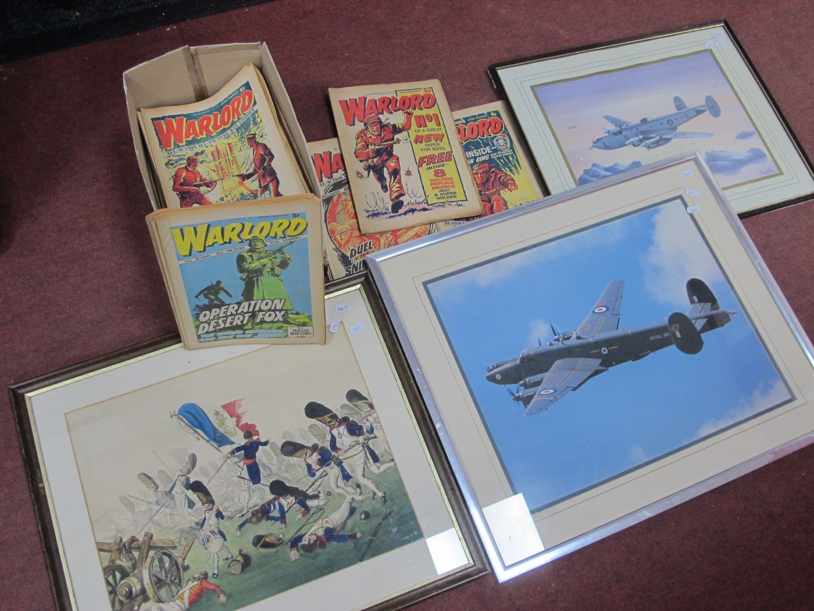 A Watercolour of French Soldiers, in a battle field, print of Lancaster bomber, photo of a Spitfire,