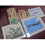 A Watercolour of French Soldiers, in a battle field, print of Lancaster bomber, photo of a Spitfire,