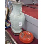 Chinese Celadon Pottery Table Lamp, of hexagonal form, on wooden base plus lacquered circular