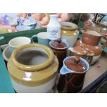 A XIIX Century Stoneware Storage Jars, XIX Century stoneware jug, Denby stoneware jugs, etc:- One
