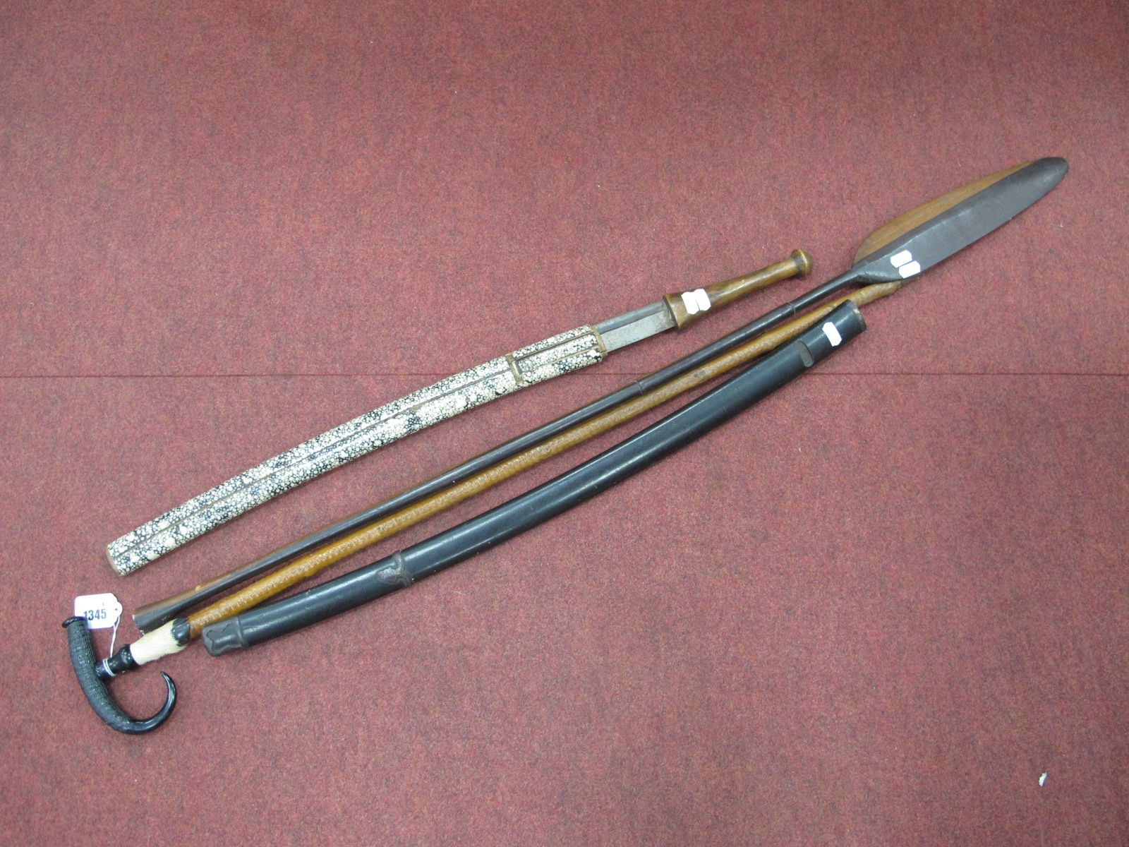 Sword in Shagreen? Scabbard, (damaged), hardwood African spear, 111cm long, walking stick scabbard.