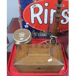 Oak & Plated Tea Caddy, having a pottery liner. XIX Century Rosewood tea caddy, lacking interior.