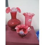 A XIX Century Cranberry /Glass Vase, with wavy rim and clear frill base, 20cm high, two Fenton