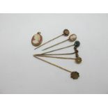 A Selection of "15ct" and Other Decorative Stock Pins, including claw set, inset and Cameo style,