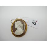 A Large Oval Shell Carved Cameo Brooch, depicting female profile, collet set.