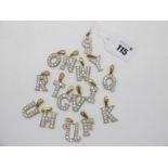 Sixteen Assorted 9ct Gold Initial Pendants, with inset highlights. (16)