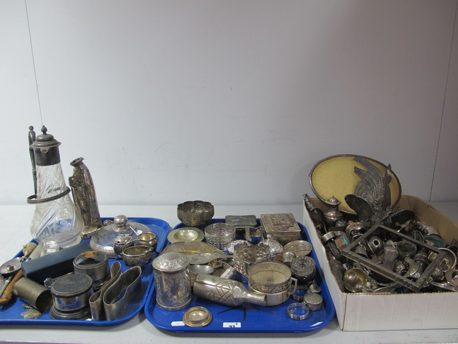 A Mixed Lot of Assorted Plated Ware, including a Danish taper stick stand, claret jug (damages),