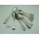 Assorted Hallmarked Silver and Plated Fiddle Pattern Teaspoons, some initialled, etc. (11)