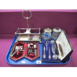 Manicure Items, part cased, sewing items, tidy jar, preserve pot, dish, bottle stand (lacking