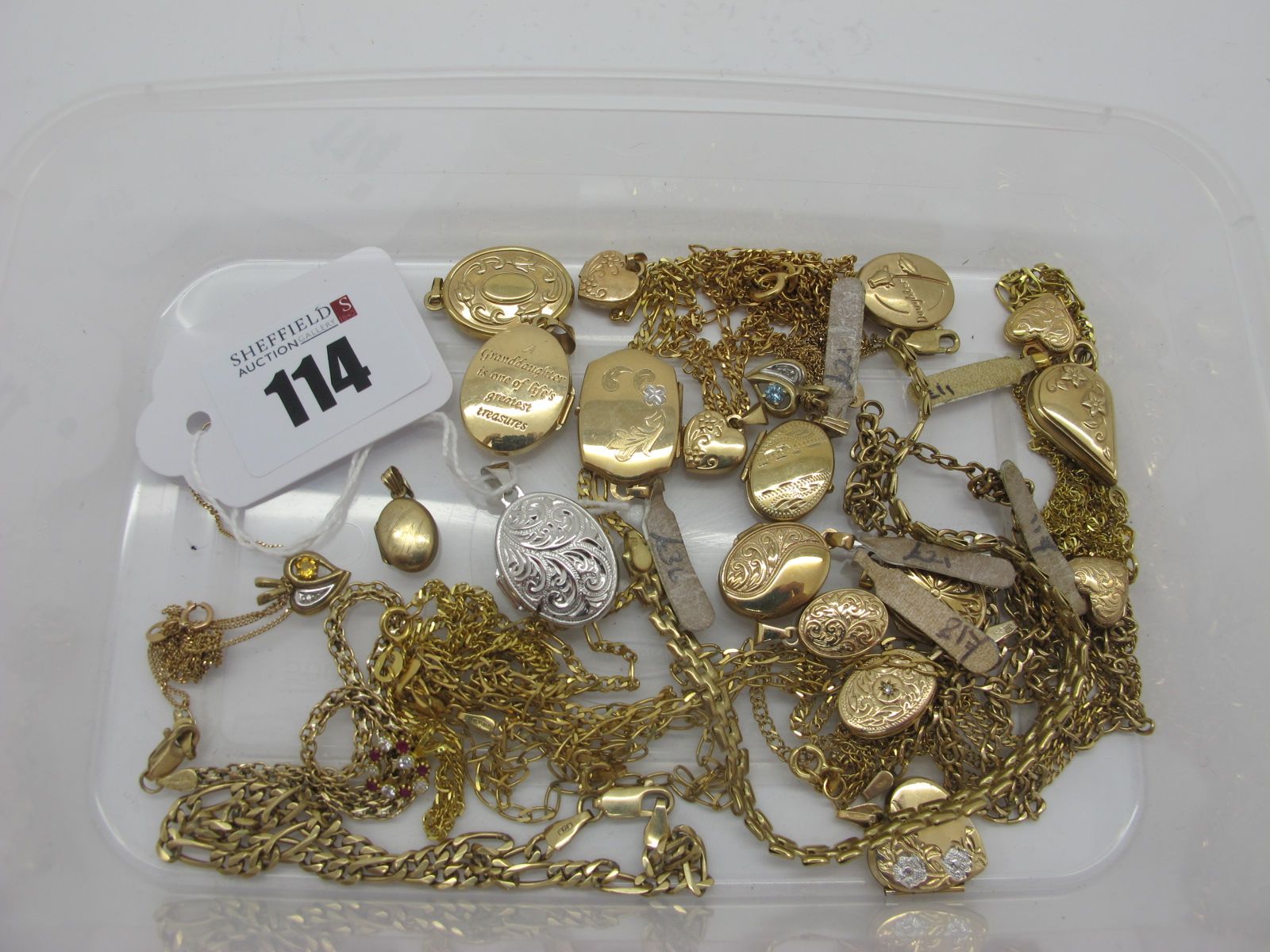 9ct Gold and Other Assorted Locket Pendants, 9ct gold and other chains and bracelets, etc.