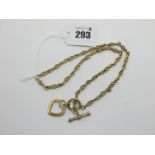 A 9ct Gold Fancy Link Chain, to T-bar and loop fastener, suspending open heart pendant.