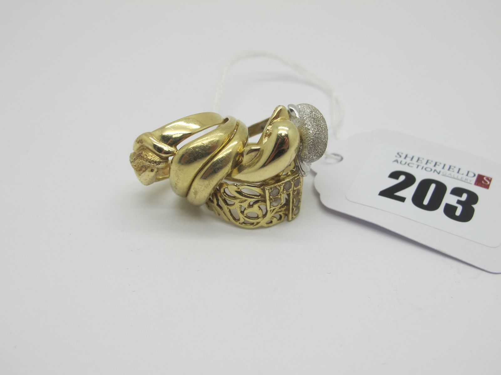 A Modern Two Colour Double Dolphin Dress Ring, stamped "585"; An Initial 'L' Ring, of openwork