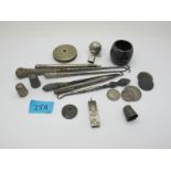 A Hallmarked Silver Ingot Pendant, button hooks, coins, thimbles, engine turned pencils, etc.