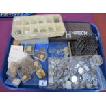 Assorted Watch Components, including wristwatch case backs, assorted hands, staking tool punches,