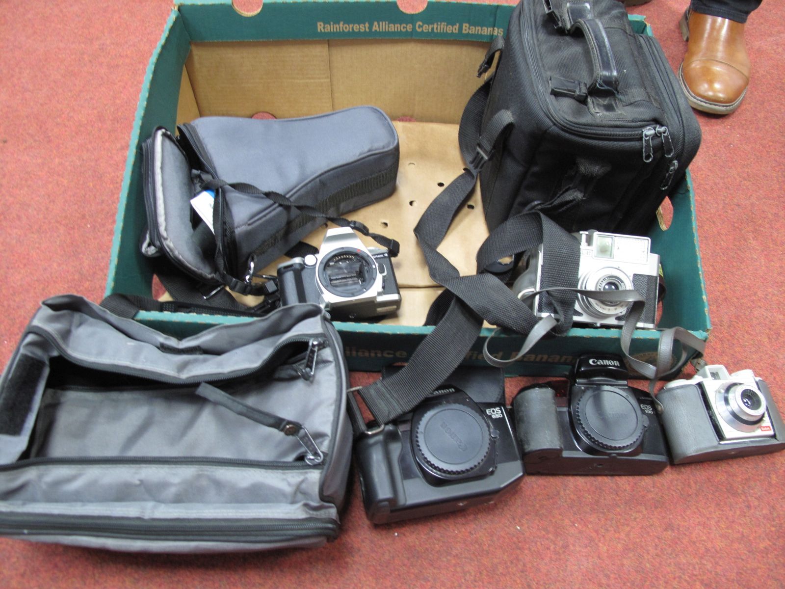 Minolta Dynax 4 Camera Bag, two camera carrying bags, Koroll II camera, Olympus filters, Kodak