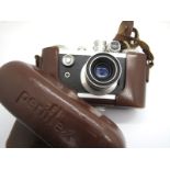 Periflex One Camera and Lumar x 50mm Lens, in brown leather case.