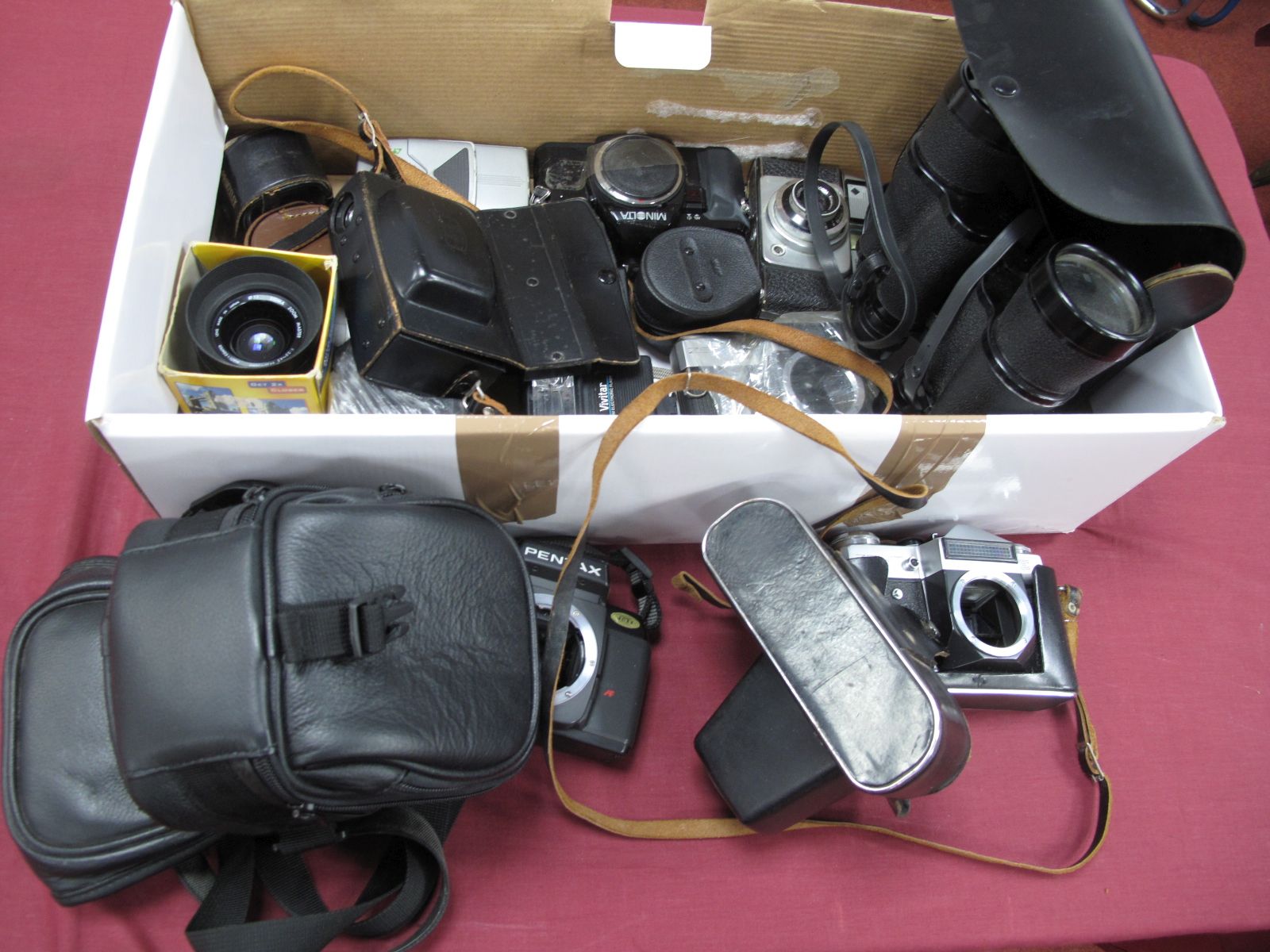 Super Zenith 10 50 Fields Binoculars, Ilford camera, Zenit camera body, Minramd flash, Minolta,