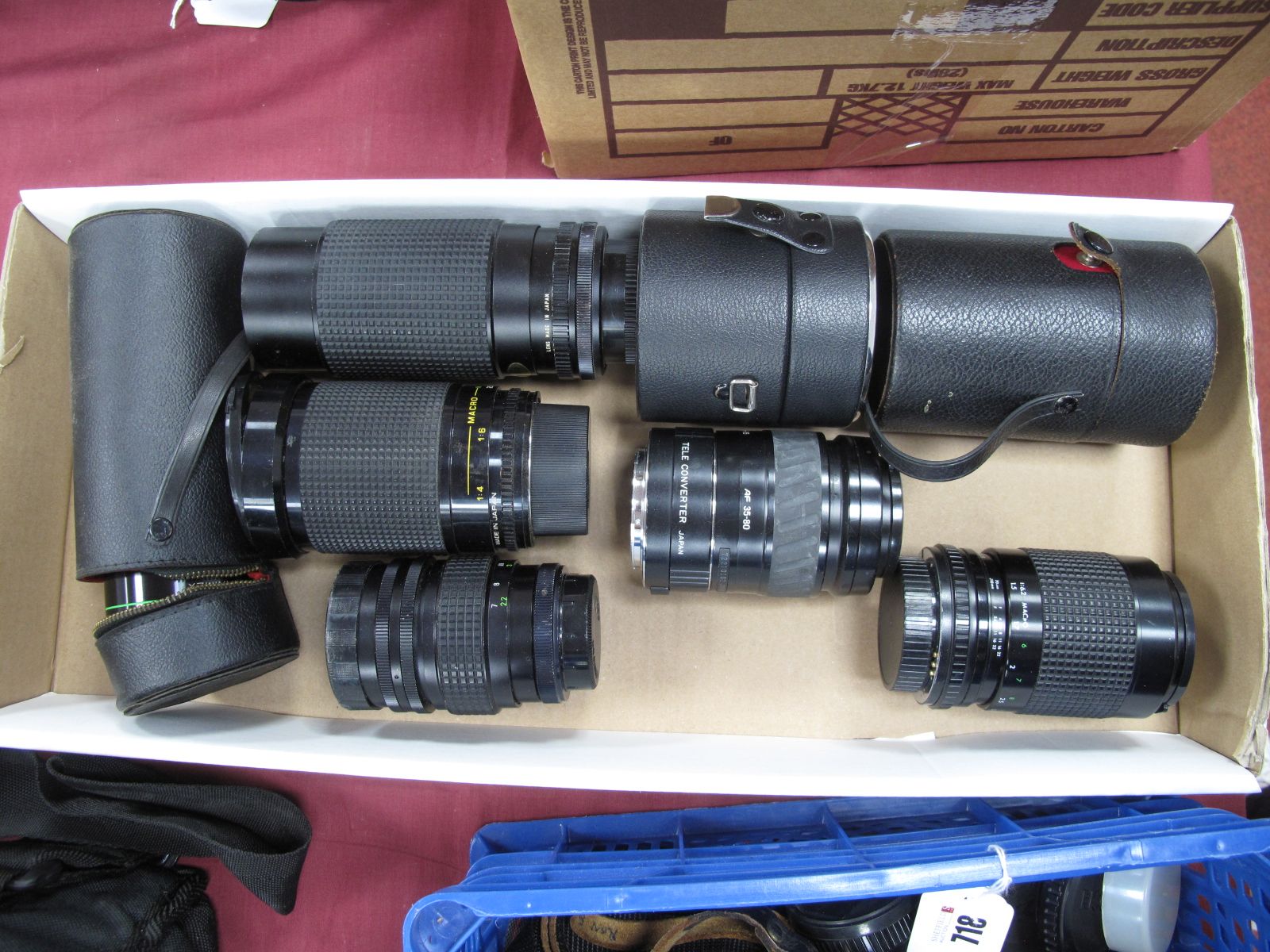 Photax 1:28/135 Lens, cased, Pentacon 7-210 lens, Helios 44M-4 cased, Minolta tele converter,