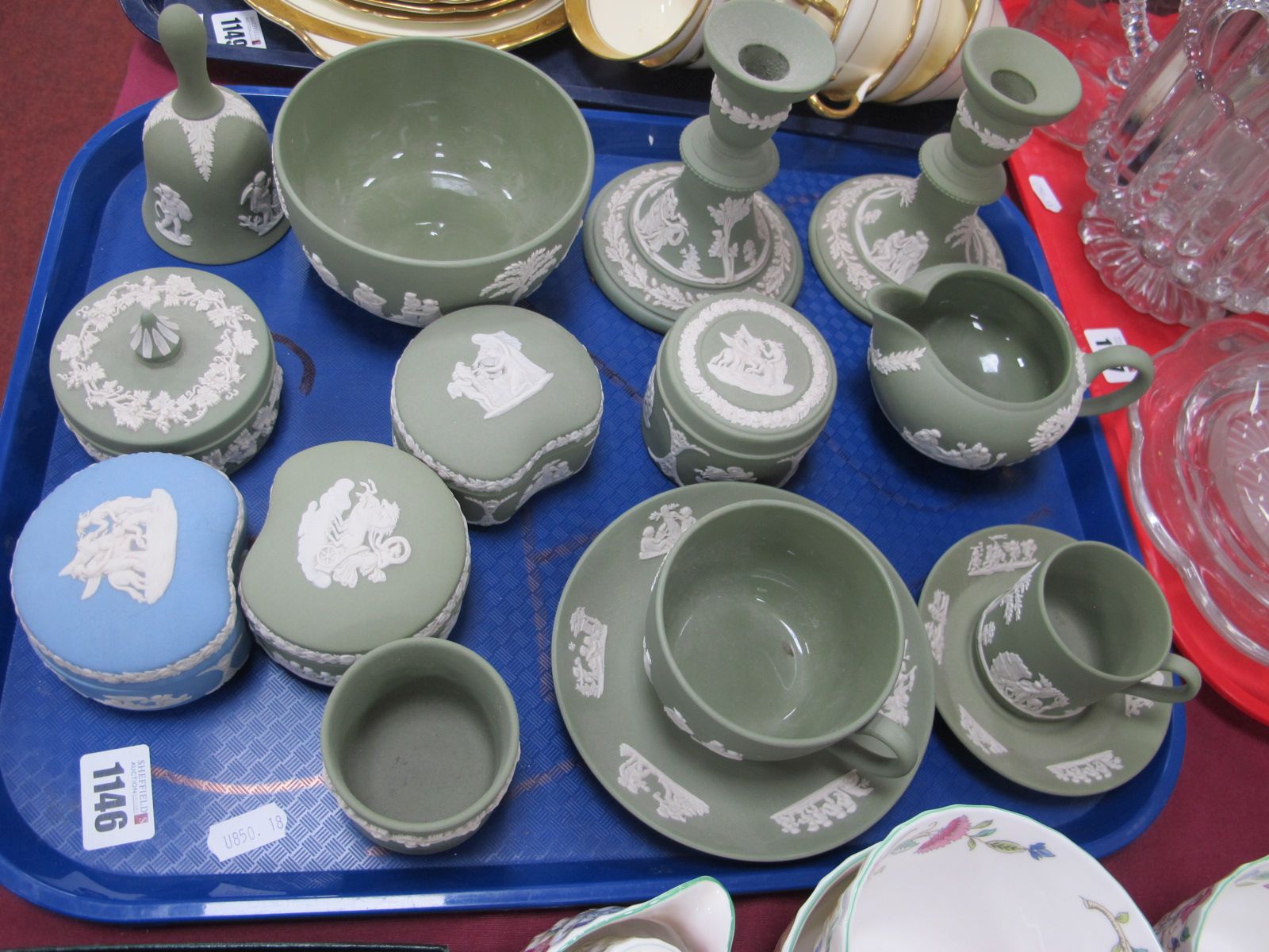 Wedgwood Green Jasper Ware Pottery, of approximately twelve pieces, including candlestick, cups