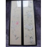 A Pair of XX Century Silk Panels, (framed) decorated with floral decoration 94cm x 22cm.