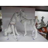 Lladro Unicorns, seated and looking behind, 23.5cm high.