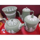 Wedgwood Green Jasper Ware Pottery, teapot, coffee pot, biscuit barrel plus urn, 17.5cm high. (4)