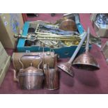 A XIX Century Copper Kettle, brass tivet, copper bed warmer, horse brasses, etc:- One Box.