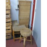 Two Wicket Laundry Baskets, wicker stool, two other stools. (5)