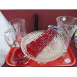 A XIX Century Glass Rolling Pin, pressed glass cake stand, water jug, etc:- One Tray