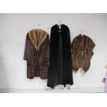 A Vintage Ankle Length Black Velvet Cloak by 'Richard Shops'; a knee length fur coat with mink