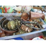 XIX Century Copper Pans, copper jug, fire irons:- One Box