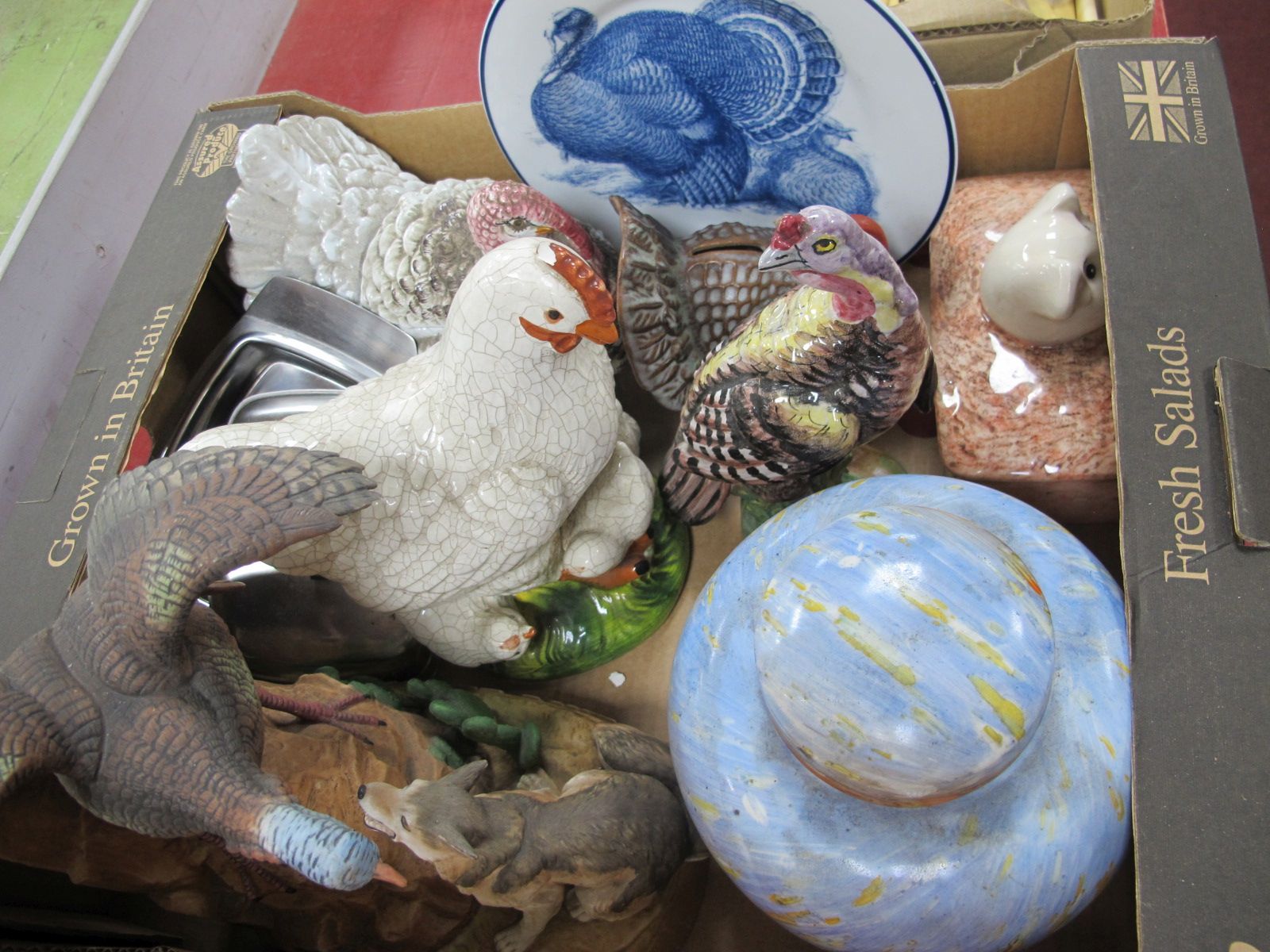 A Shelley Style Ginger Jar, pottery birds, butter dish, etc:- One Box.