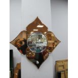 Art Deco Wall Mirror, with four pink tinted petal panels surrounding clear circular centre, 57.5 x