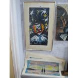 G.Schaapmas? Clown Study, 60 x 30cm and unframed Impressionist oils. (5)
