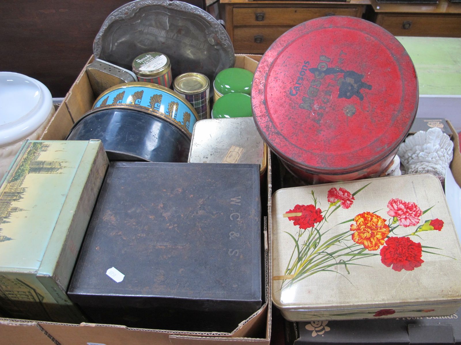 Vintage Tea and Sugar Jars, Crawfords tin, Victory V Tin, other tins.